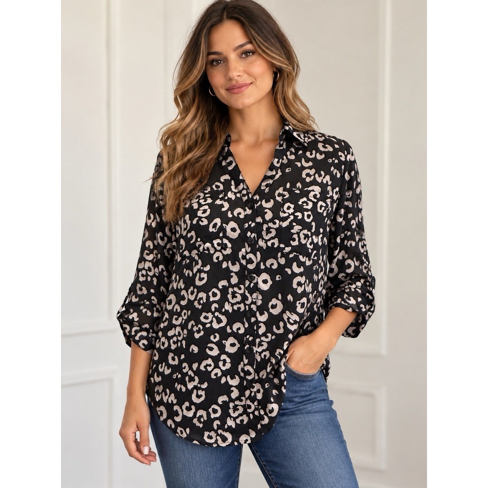 Womens IZ Byer Top Button Front Roll Tab Sleeve Blouse s